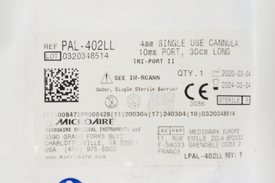 Microaire PAL-402LL 4mm Single Use Cannula 10mm Port, 30cm Long